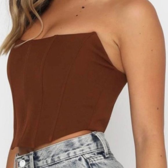Brown Cropped Strapless Corset Going Out Top - Picture 2 of 5